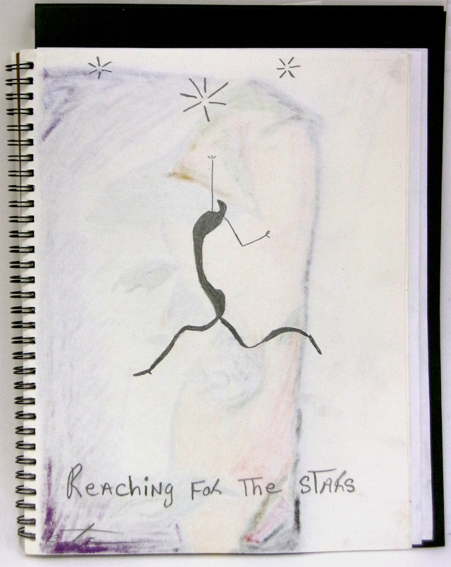 A stylized stick figure, with some depth in the body and legs, appears in the center of this image. Its legs are splayed and one arm is thrust back, one arm is reaching up. Three stars are in the top of the image. The text 